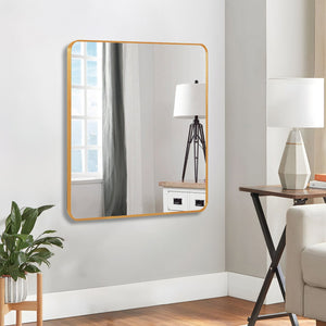 English Elm 30 30 in x 30 in Metal Framed Square Bathroom Mirror with Shatterproof HD Glass, Rust‑Resistant Frame Gold W2203P379069