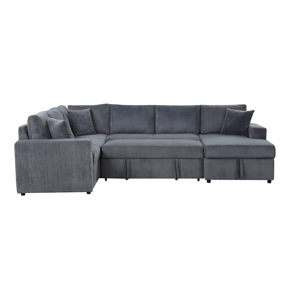 English Elm Corduroy Ultra-Soft Sleeper Sectional Sofa with Right-Facing Storage Chaise and Removable Throw Pillows, Gray Plush B016S00050