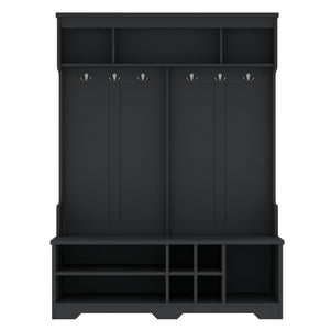 English Elm Modern Entryway Hall Tree with Six Hooks Bench Seat and Open Shoe Cubbies Black W1580S00618