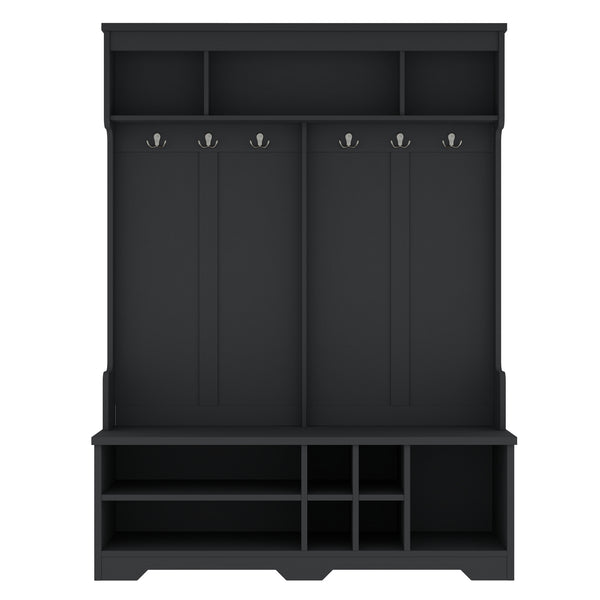 English Elm Modern Entryway Hall Tree with Six Hooks Bench Seat and Open Shoe Cubbies Black W1580S00618