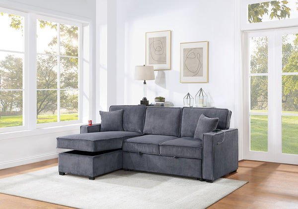 English Elm Convertible Corduroy Sectional Sofa with Reversible Chaise, Hidden Storage, USB Port & Pull-Out Bed Dark Gray 60 L x 30 W x 19 H B011S01243