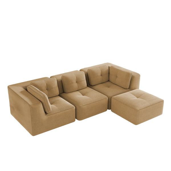 English Elm Modern Corduroy Sectional Sofa Tufted Deep Seat Couch with Movable Ottoman No Assembly Camel W714S01784