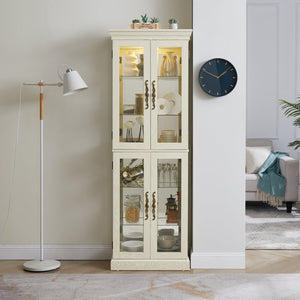 English Elm Lighted Glass Curio Display Cabinet with Quiet Hinge, Internal LED Lighting, Adjustable Shelves, Vintage Carved Handle Antique White W2275P199812