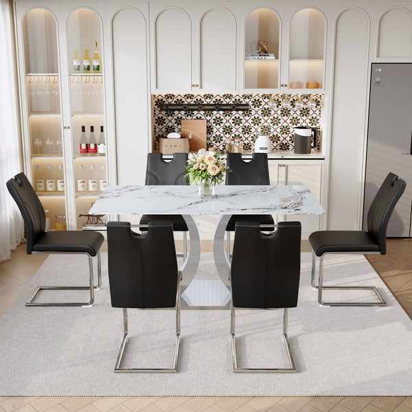 English Elm Switchable Base Glass Top Dining Set Six Pu Leather Armchairs Modern Minimalist W2920S00119