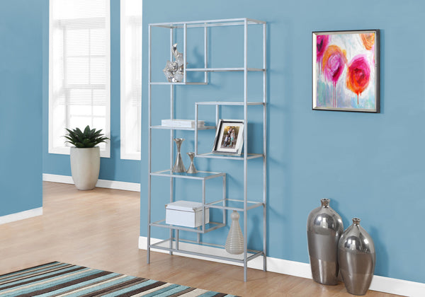 English Elm Bookshelf, 72" Tall Grey Metal Frame with 9 Clear Tempered Glass Shelves for Modern Living Spaces Silver 40 L x 14 W x 8 H B2710P219626