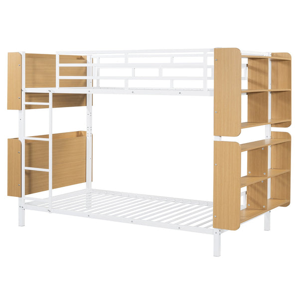English Elm Twin Metal Bunk Bed with Built-In Headboard Storage and Footboard Shelves, Sturdy Space-Saving Design White SF000176AAK