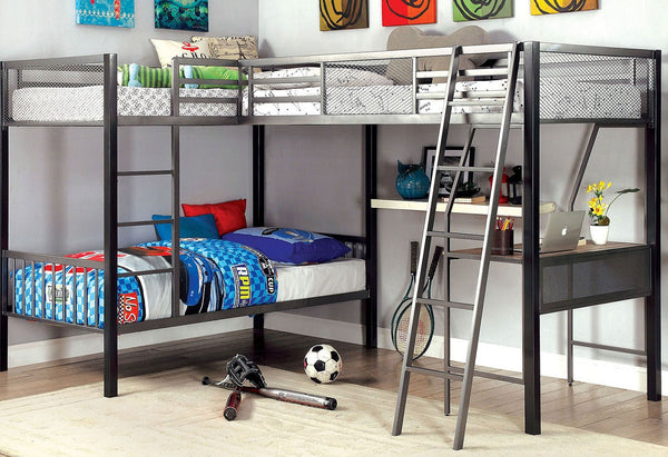 English Elm Modern Triple Twin L-Shaped Bunk Bed with Workstation, Silver Grey & Black Metal Frame, Safe Rails B2741P351949