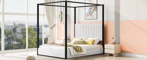 English Elm Queen Velvet Upholstered Canopy Bed White Metal 4 Poster Frame No Box Spring GX001031AAB