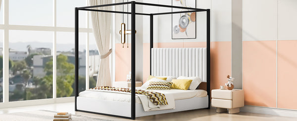 English Elm Queen Velvet Upholstered Canopy Bed White Metal 4 Poster Frame No Box Spring GX001031AAB