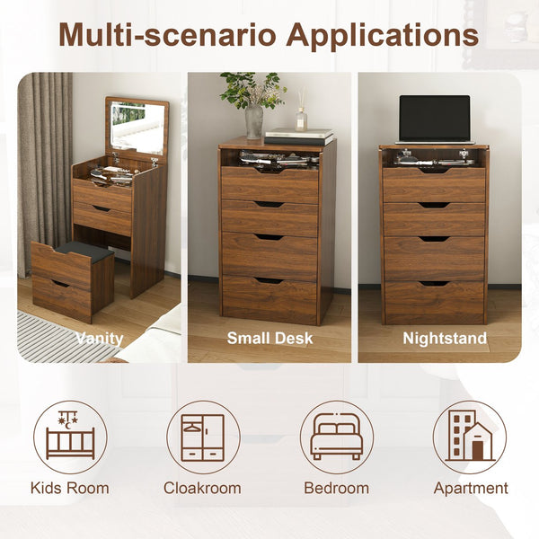 English Elm 3-in-1 Walnut Flip Top Vanity Desk with Led Mirror Stool Bedroom Dressing Table W2699P404631