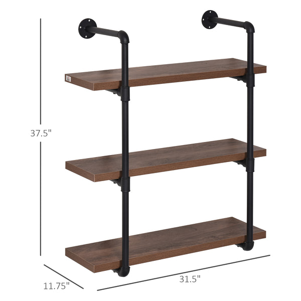 English Elm HOMCOM Industrial 3-Tier Pipe Wall Shelf – Rustic Brown Floating Bookshelf, Metal Frame Display Rack W2225P229632
