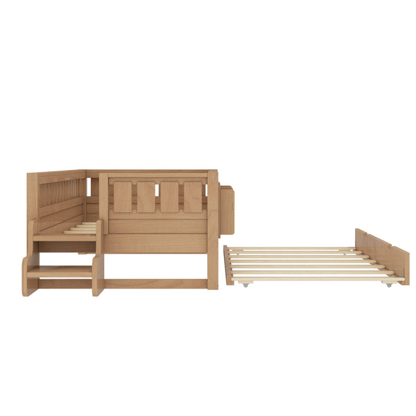 English Elm Twin Kids Platform Bed with Trundle Staircase Bookshelf and Rounded Safety Rails Natural W1580S00558