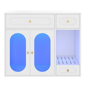 English Elm Cat Litter Box Cabinet with Led Lighting Acrylic Doors and Drawer Storage End Table White N704P402444K