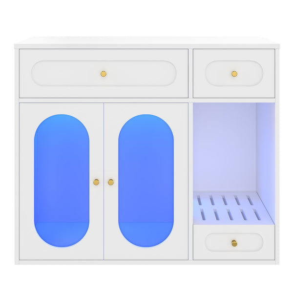 English Elm Cat Litter Box Cabinet with Led Lighting Acrylic Doors and Drawer Storage End Table White N704P402444K