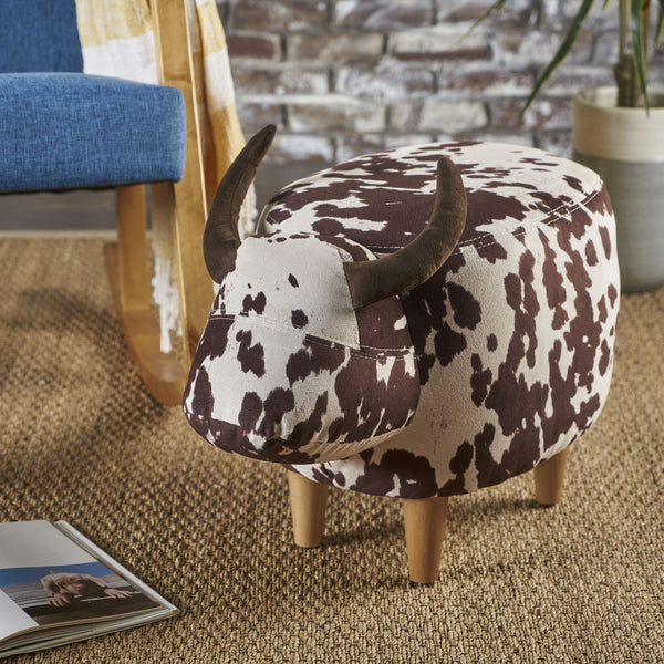 English Elm Christopher Knight Home® - Animal Cow Ottoman with Velvet Horns and Birch Legs — Whimsical Fabric Footstool for Cozy Décor Brown+White 61391.00