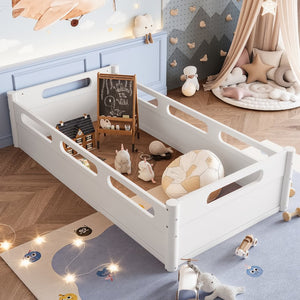 English Elm Twin Low Profile Floor Bed with Guardrails Pine Wood Frame Minimalist Bedroom White W1580P438763