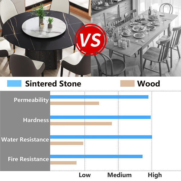 English Elm 59.05" Round Marble Dining Table With Black Wood Base, Turntable & Seating For 6-8, Modern Elegance W1535S00383