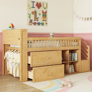 English Elm Twin Loft Bed with Built-In Stairs, Shelves, Hanging Rod & 2 Drawers for Space-Saving Kids Room Natural 45.87 L x 18.5 W x 10.83 H W2593S00005