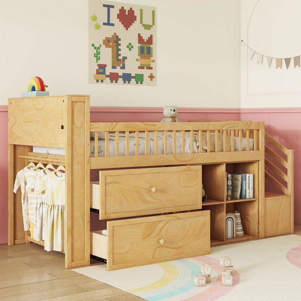 English Elm Twin Loft Bed with Built-In Stairs, Shelves, Hanging Rod & 2 Drawers for Space-Saving Kids Room Natural 45.87 L x 18.5 W x 10.83 H W2593S00005