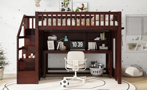 English Elm Twin Loft Bed with Movable Desk Open Shelving and Storage Stairs in Espresso W1580S00336