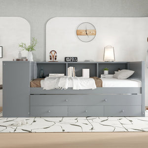 English Elm Twin Size Daybed With Trundle And Desk, Stylish Wood Frame With Storage Drawers And Shelves, Gray W1580S00204-GIGA