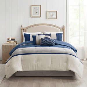 English Elm 7 Piece Palisades Faux Suede Comforter Set Queen - Heather Grey Blue Charcoal, Hypoallergenic Style B03596784