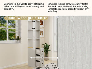 English Elm 73" Slim Tower Cabinet Antique White Mdf with Drawers Hooks and Display Shelves W1120P327084