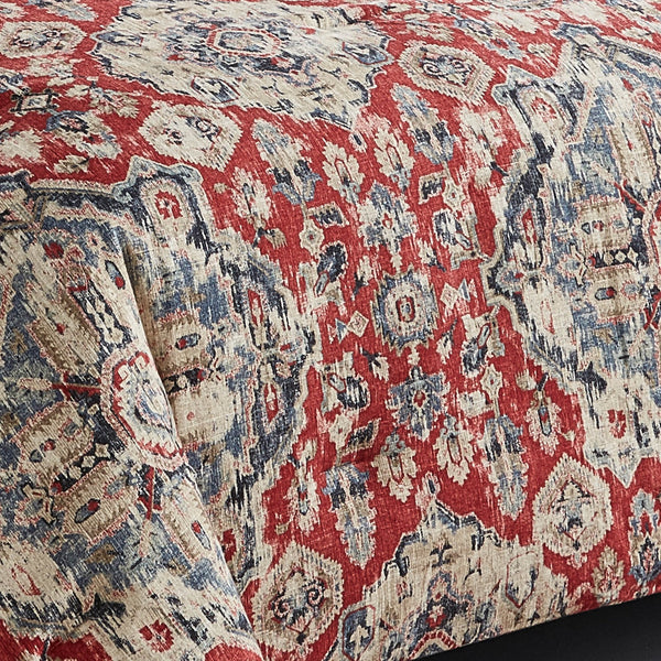 English Elm Sadler King 10pc Comforter Set in Red Faux Linen Medallion Print — Burgundy & Blue Jewel Tones, Embroidered Pillows, Bedskirt B340P341979