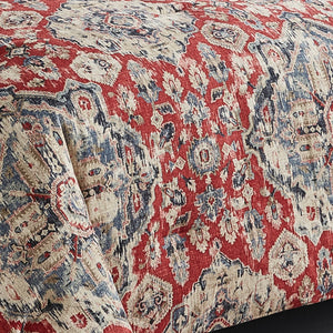 English Elm Sadler Queen 9-Piece Comforter Set in Deep Burgundy & Blue Jewel Tones with Embroidered Pillows, Faux Linen Medallion Pattern, Polyester B340P341980