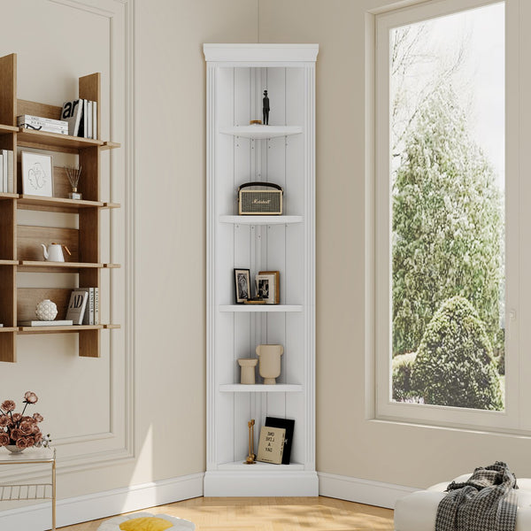 English Elm 83.4"Tall 5 Tier Corner Bookcase, Modern White Triangle Shelf Unit with Adjustable Shelves, Solid Wood Frame, Space-Saving Display for Living Room N751P191709K