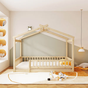 English Elm Full Size Pine Playhouse Bed with Roofline and Fence Rails for Kids Bedroom Natural WF302177AAN