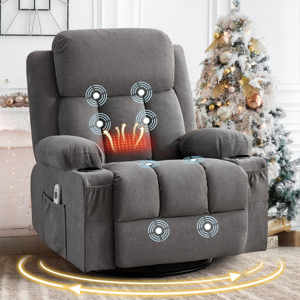 English Elm Swivel Rocker Recliner with Massage Heat and Usb Port for Living Room Comfort W1521P429639