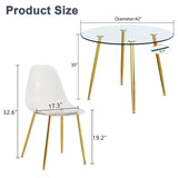 English Elm A Modern Minimalist Style Round Transparent Tempered Glass Table With Gold Metal Legs, Paired With 6 Modern Style Transparent Dining Chairs For A Luxurious Experience.