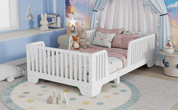 English Elm Twin Montessori Floor Bed with Safety Rails Hinged Door and Plywood Slats for Kids White W2593P381112