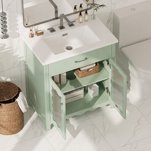 English Elm Christopher Knight Home® - 30 Inch Bathroom Vanity With Tempered Glass Doors, Soft-Close, Modern Green Cabinet & Ceramic Sink N817P299499G