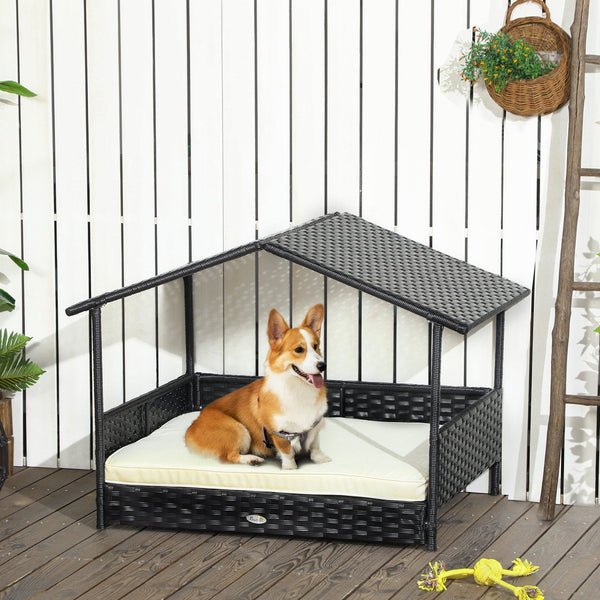 English Elm Pawhut Rattan Canopy Pet Bed Outdoor Wicker Frame with Cushion for Small Dogs W2225P173752