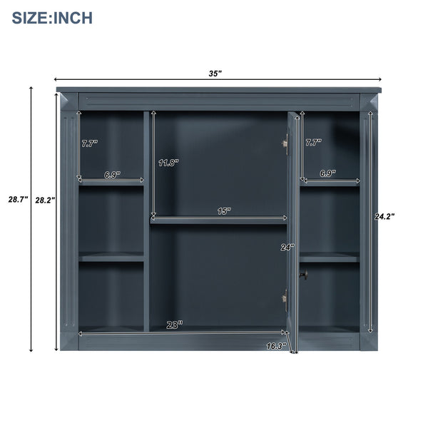 English Elm 35'' Modern Medicine Cabinet with Mirror and Towel Rod, MDF Wall-Mounted Bathroom Storage with Adjustable Shelves and Soft-Close Hinges Blue WF305081AAC