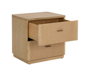 Sunpan Etienne Nightstand: Elegant Linear Design with Antique Brass Handles & Unique Wood Character Elements Rustic Oak