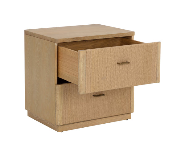 Sunpan Etienne Nightstand: Elegant Linear Design with Antique Brass Handles & Unique Wood Character Elements Rustic Oak