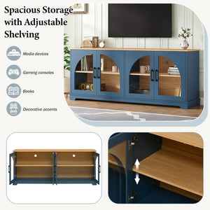 English Elm Farmhouse Media Console with Arched Glass Doors Wood Grain Two Tone Living Room Storage Blue N721P411204C