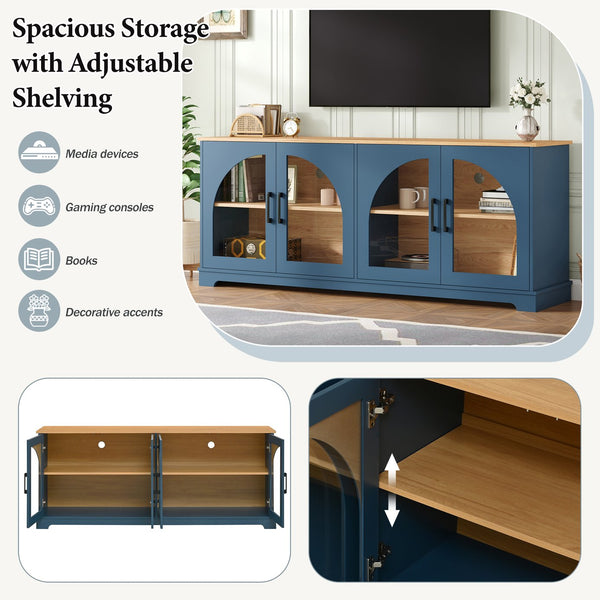 English Elm Farmhouse Media Console with Arched Glass Doors Wood Grain Two Tone Living Room Storage Blue N721P411204C