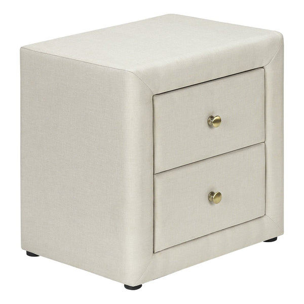 English Elm Nightstand, Upholstered Beige Linen-Look Storage Table With Drawers For Bedroom & Living Room Use B2710P219504