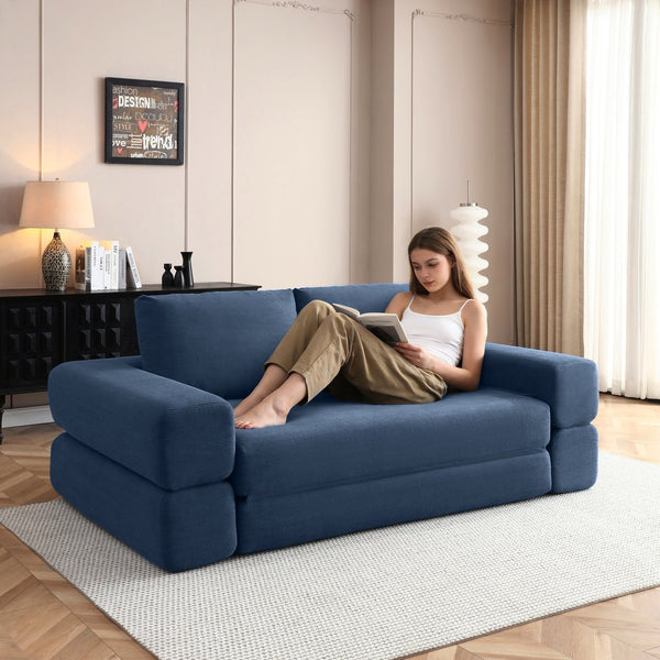English Elm 81'' Corduroy Floor Sofa Convertible Loveseat Futon Sleeper with Foam Fill and Pillows Blue W1117P459733
