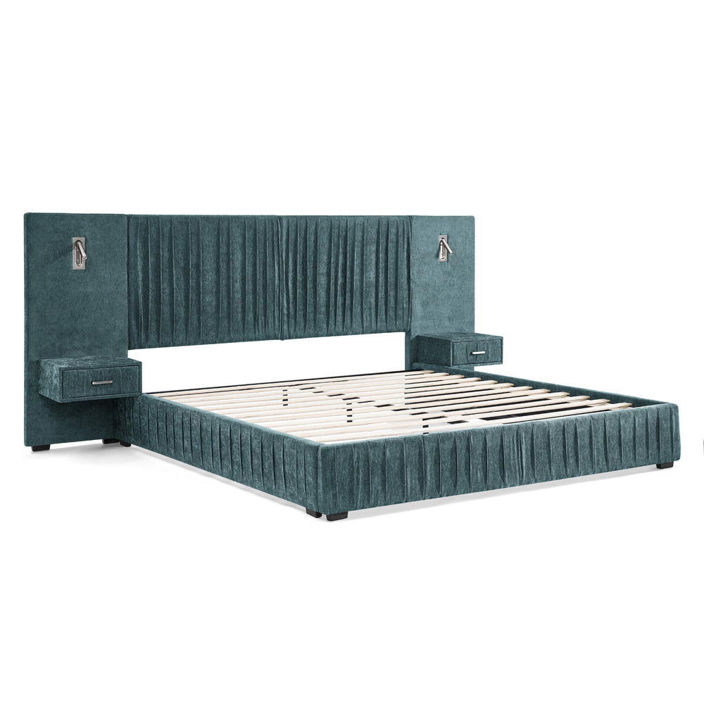 English Elm 2628q-bu-gen-3 Hand-pleated Upholstered Bed with Integrated Nightstands and Reading Lamps W487P358835