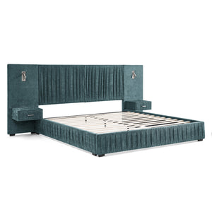 English Elm 2628q-bu-gen-3 Hand-pleated Upholstered Bed with Integrated Nightstands and Reading Lamps W487P358835