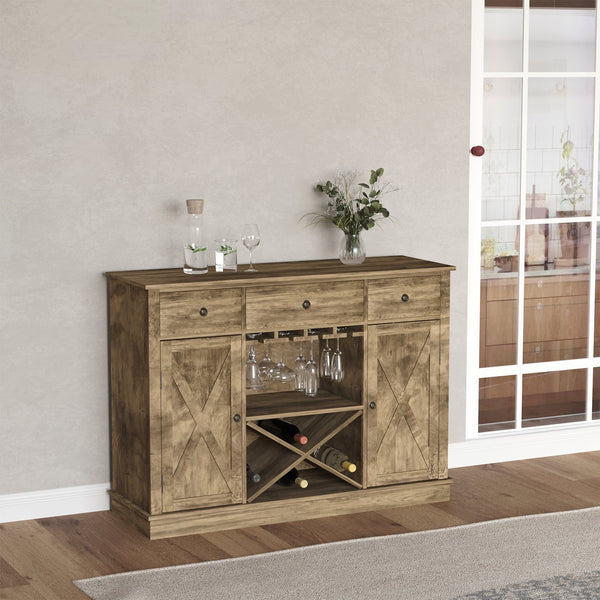English Elm Homcom Rustic Oak Farmhouse Coffee Bar Cabinet With Wine Rack, Drawers & Versatile Storage Solutions W2225P217399