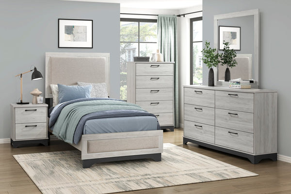 English Elm Contemporary Plush Upholstered Two-Tone Platform Twin Bed with Padded Headboard and Footboard, Sturdy Modern Frame Gray,White Oak 45.5 L x 31 W x 7 H B011S01822