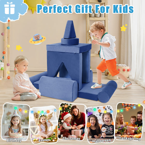English Elm 11pcs Modular Foam Play Couch Set for Kids Velour Washable Toddler Playroom Builder Dark Blue T5880P493426