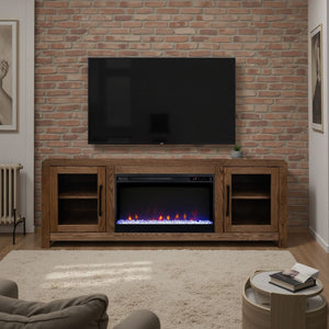 English Elm Haven 65 inch Entertainment Center with Electric Fireplace, Oak Veneer TV Stand, Glass Doors, Cable Management Brown B108P364419