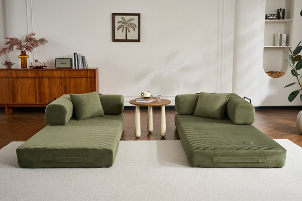 English Elm Convertible Sleeper Sofa Bed Corduroy 4-in-1 Folding Floor Couch with 35D Sponge Support and No-Assembly Green W3434P378558